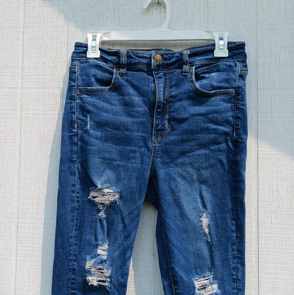 American Eagle Jegging Women Size 8 Super Hi Rise Distressed Frayed Stretch - Picture 2 of 9